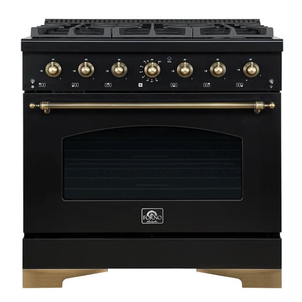 FORNO Antico 36-inch Dual Fuel Range with 6 Gas Burner Cooktop and 4.5 Cu.Ft. Electric Convection Oven in Black/White with Antique Brass Trim