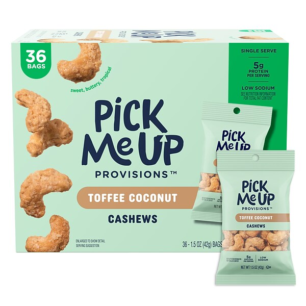 Pick Me Up Provisions™ Toffee Coconut Cashews, 1.5 oz., 36 Bags/Box (PM63390) | Quill.com