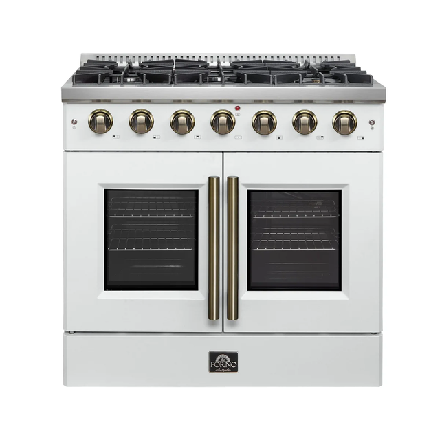 Forno Galiano 36-inch French Door Gas Range White and Antique Brass Design, 6 Sealed Burners 83,000 BTU, 5.36 cu.ft. Convection Oven